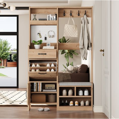 Garderobenset 108.5x35x180 cm Natur und Weiß aus Spanplatte mit Sitzbank und Lochwand (1/5)