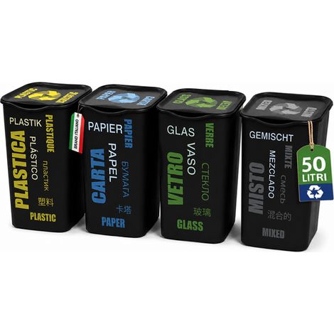 Set 4 Pattumiere per Raccolta Differenziata 37,5x36x53,5 cm Bidone da 50 Litri in Plastica Nero (1/4)