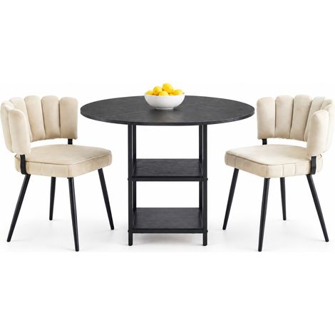 ELVMI Conjunto de Mesa y Sillas con 1 Mesa Redonda y 2 Sillas de Comedor, MDF, Metal y Tela, Negro y Café Claro (1/5)