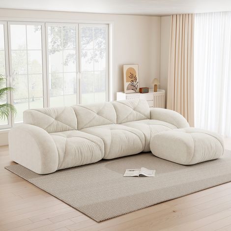 Canapé modulable d’angle 3 places en chenille beige clair, avec pouf, sans montage (1/5)