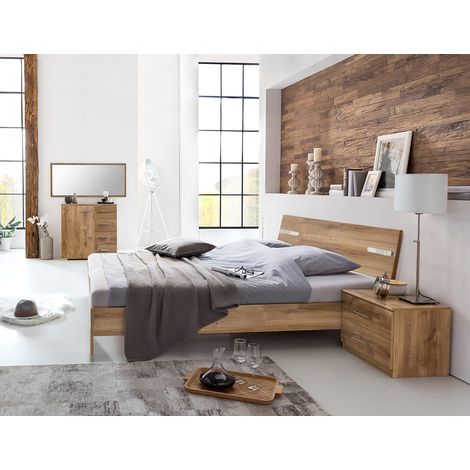 Pegane – Chambre complète adulte 180x200 cm – 2 chevets et commode avec 4 tiroirs – Panneaux mélaminés imitation chêne – Style contemporain (1/4)