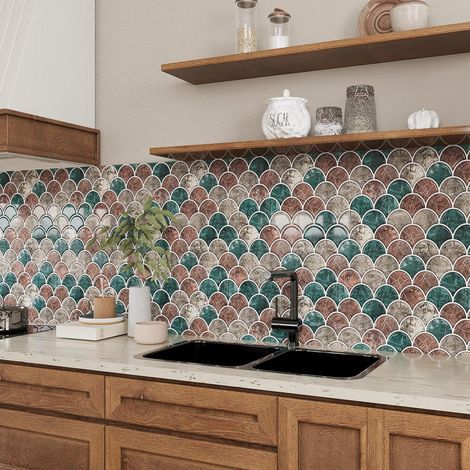 Carrelage Adhesif Mural Vert Brun Vintage Écaille de Poisson 3D Stickers Carrelage Cuisine Credence Adhesive Cuisine Carreaux Adhesif Salle de Bain Toilette Amovible 30.5cm×30.5cm 12 Pièces (1/5)