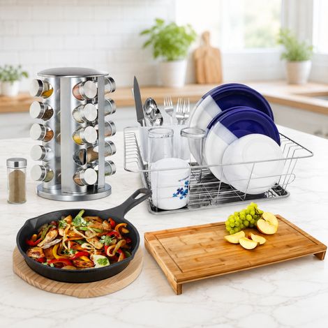Set da cucina per la preparazione e il servizio dei cibi (4 pezzi) - Padella in ghisa, scolapiatti e porta spezie per 20 barattoli. (1/5)
