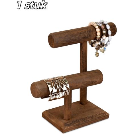 Présentoir à bijoux en bois à double niveau, étagère de rangement et d'exposition pour bracelets, colliers, montres et élastiques à cheveux, marron, 1 pièce (1/5)