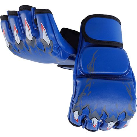 Gants de boxe et de kickboxing demi-doigts avec poignet ajustable, style griffe de tigre, bleus, pour hommes et femmes. (1/5)