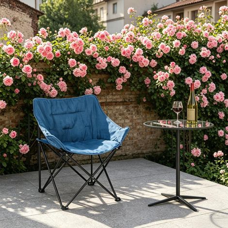 Chaise d’extérieur pliante en métal noir et bleu, rembourrée, portable avec dossier haut (1/5)