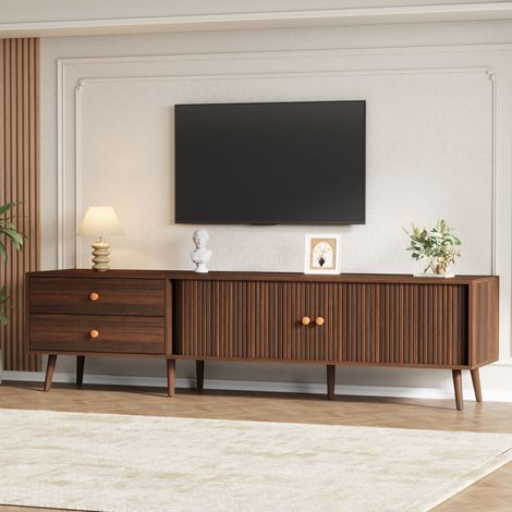 Console TV aspect noyer 2 tiroirs rangement salon adapté TV 80 pouces (1/5)