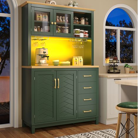 Aparador de cocina 105,5 x 40 x 180 cm con luz LED, 4 puertas, MDF verde HAVRYA (1/5)