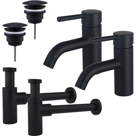 FugaFlow Eccelente Sobrado Kit robinet lavabo - pour double vasque - robinet bas - bonde non-obturable - siphon design - Noir mat (1/4)