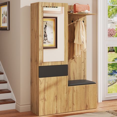 Mueble recibidor con espejo y zapatero negro OKMYHOME (1/5)