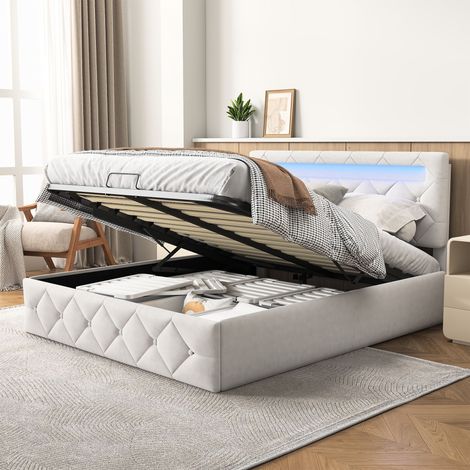 Lit coffre 140x200 cm pour chambre adulte et adolescent - Lit double rembourré avec éclairage LED RGB (App + Télécommande) - Velours et Métal - Abricot