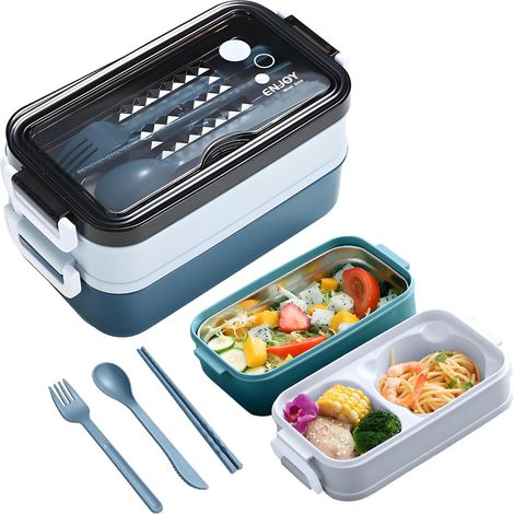 Lunchbox mit 3 Fächern, 1400 ml, mikrowellen- und spülmaschinenfest, beheizt, für Kinder, Schule, Büro und Reisen (blau) (1/5)