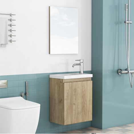 Mobile bagno sospeso 40 cm con lavabo in ceramica e specchio, rovere DESVIAE (1/5)