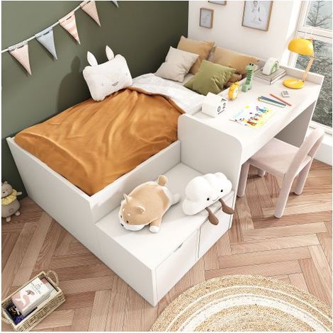 Lit - SOGEU - Lit Enfant 90 x 200 cm - Bois massif - Avec tiroirs - Bureau intégré (1/5)