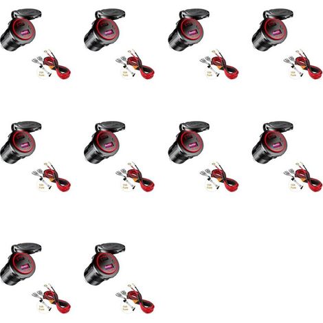 Caricabatterie da auto USB PD Type C 10X e caricabatterie rapido QC 3.0, presa di corrente da 12 V con interruttore on/off per moto, camper, ATV, rosso