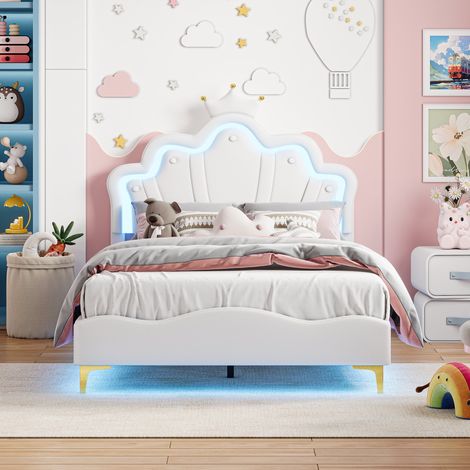 Lit Enfant Princesse 140x190 cm, Tête de lit Nuage/Couronne LED, Éclairage sous Lit, cadre de lit double, sommier à lattes, PU Blanc (1/5)