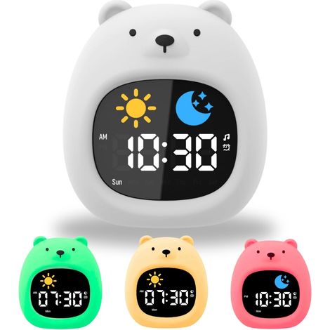 Sveglia educativa per bambini con funzione di addestramento al sonno, con visualizzazione di luna e sole, colori RGB, per bambine dai 2 ai 10 anni - Orsetto, 9,8x9,45x10,5 cm (1/5)