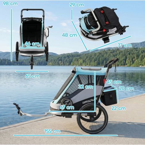 Remorque vélo enfant 155x65x98 cm en aluminium bleu clair, pliable, pour sortie facile – MEUBLIV (1/5)