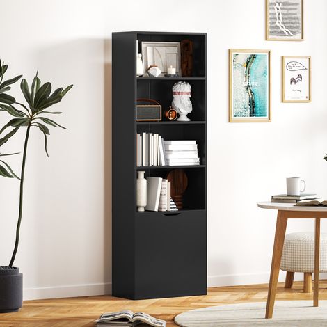 Bücherregal mit 4 offenen Fächern und 2 Türen für Wohnzimmer und Büro, 59 x 29 x 180 cm, Schwarz