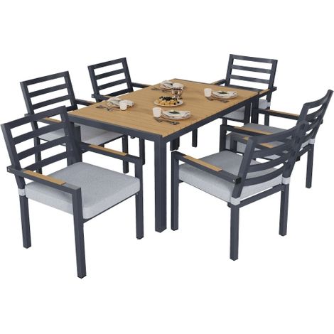 Garten-Essgruppe 6 Personen, 7-Teiliges Gartenmöbel Set mit Tisch und 6 Stühlen, Verzinktes Eisen, Kunststoffholz-Tischplatte, Grau