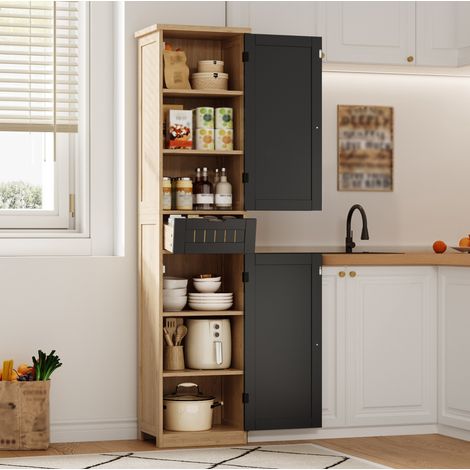 Armario de cocina 40x30x170 cm en MDF, color negro y madera, 2 puertas, 1 cajón y 4 estantes ajustables, sistema antivuelco (1/5)