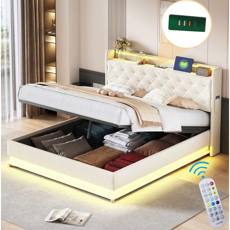 struttura letto 160x200 con USB LED contenitore beige OKMYHOME (1/5)