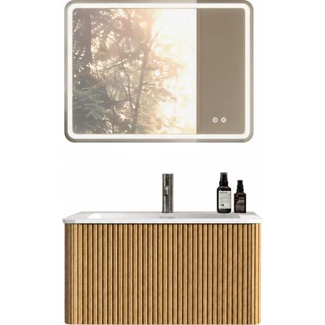 Ensemble salle de bains complet avec miroir LED 60x80 cm, meuble vasque 80 cm et armoire murale, finition chêne, pré-assemblé, sans cadre, pose horizontale ou verticale (1/3)