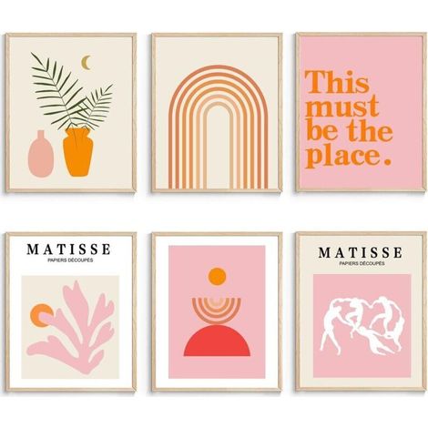 Lot de 6 impressions murales bohèmes sans cadre, images esthétiques minimalistes, ensemble imprimé rose, affiches orange pour chambre, 20x 25 cm