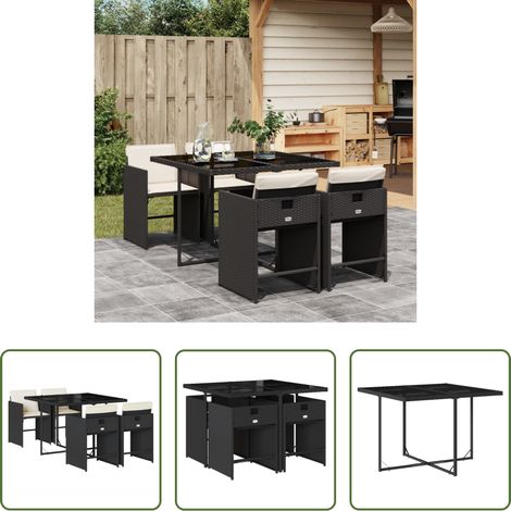 Gartenstuhl - 5-tlg. Garten-Essgruppe mit Kissen Schwarz Poly Rattan (1/5)