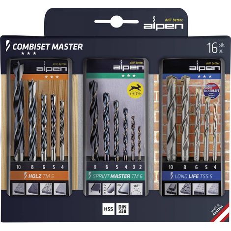 Alpen 0000811003100 Combiset Master 16 pièces Foret universel métal, Pierre, Béton, bois, Brique 2 mm, 3 mm, 4 mm, 5 mm (1/2)