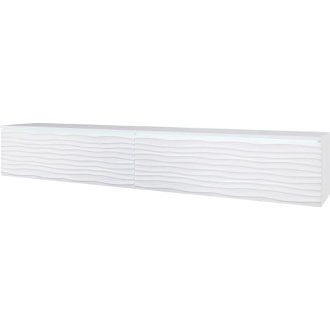 Mueble de TV Lowboard D 180 cm, mueble de televisión con iluminación LED, mueble de televisión colgante, color blanco ondulado (1/4)