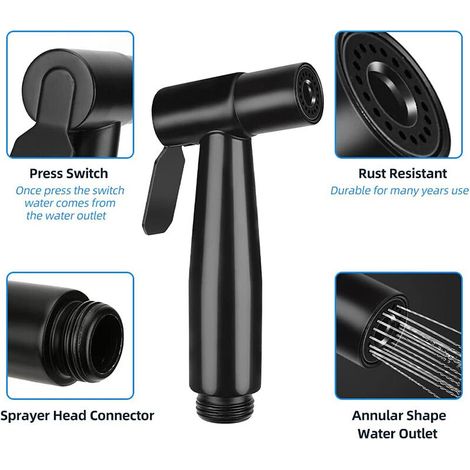 Rociador de inodoro de acero inoxidable (negro) para bidé e inodoro, kit de rociador para bidé, rociador para grifo, rociador para inodoro (1/2)