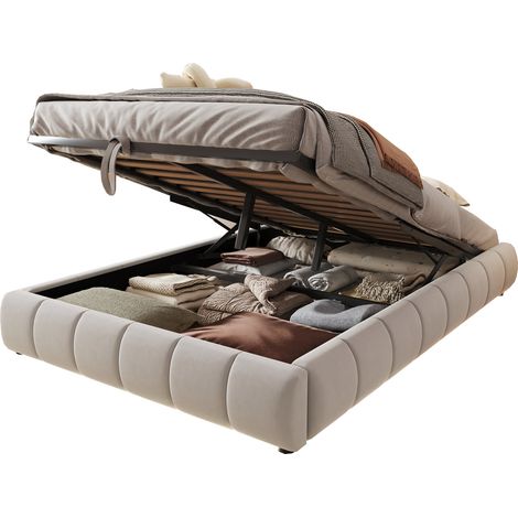 Lit capitonné 140 x 200 cm sans tête de lit, LED blanche, coffre hydraulique, cadre métal stable, beige, idéal petits espaces et chambre ado  CHICFURN (1/5)
