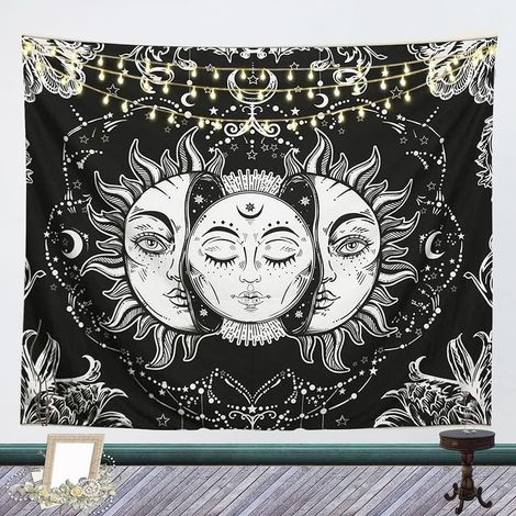 Wandteppich mit Sonne- und Mondmotiv, schwarzes psychedelisches Mandala