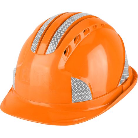 Casque de sécurité ABS orange avec bandes réfléchissantes, aéré, pour chantier, protection robuste et ventilée. (1/5)
