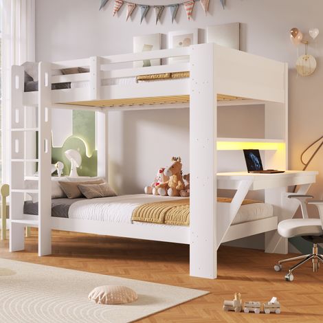 Lit mezzanine enfant 1 place 90x200 cm, lit surélevé en pin blanc avec bureau, étagères, LED multicolore, prise secteur, USB et USB-C, garde-corps (1/5)