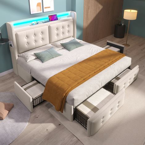 Letto imbottito in tessuto cotone e lino beige 180x200 cm con LED, prese USB-C e 4 cassetti (1/5)
