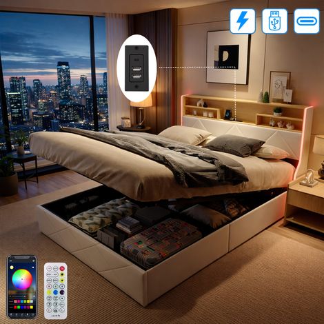 Lit coffre 140x200 cm avec LED Réglable et USB Tpye C - Tête de Lit avec Rangement - Sommier à lattes - 2 personnes - PU - Blanc (1/5)