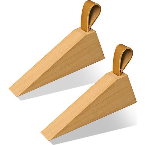 Butée de porte, cale de porte en bois de hêtre massif, cales de porte antidérapantes, cale de porte robuste et durable, butée de porte de sécurité avec bande de cuir pour la suspension (2 pièces) (1/5)