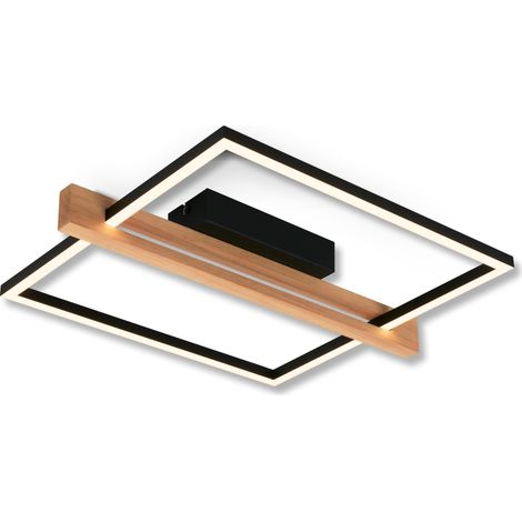 Plafonnier LED avec décor bois, intensité lumineuse réglable par paliers, couleur blanc chaud, lampe LED, plafonnier, lampe de salon, lampe de cuisine, 43x35x7,5 cm(LxlxH), noir-bois (1/5)