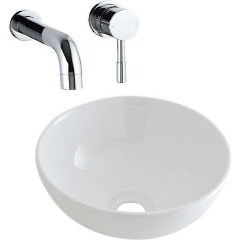 Milano Irwell 280mm White Ceramic Round Countertop Bathroom Basin Sink - With Wall-Mounted Tap