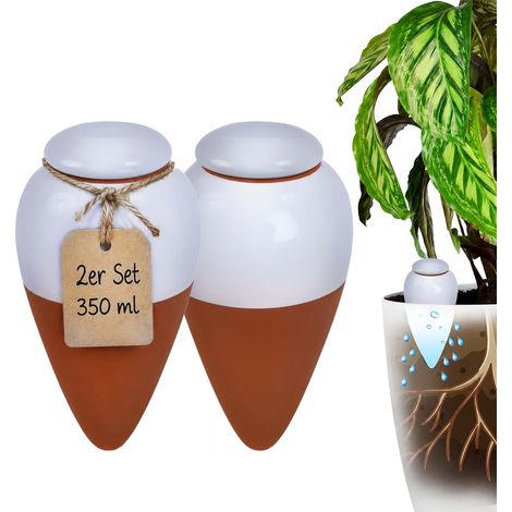 Relaxdays Tonkegel Bewässerung, 2er Set, 350 ml, Gießhelfer mit Deckel, Zimmerpflanzen & Balkonkästen, terrakotta/weiß (1/5)