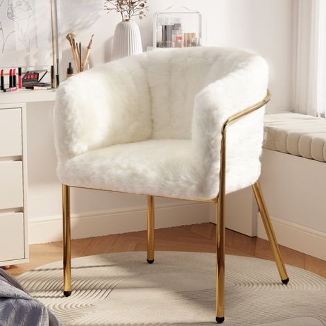 Sedia lounge leggera in pelliccia sintetica bianca con gambe in metallo, design elegante,57×57×77cm (1/5)