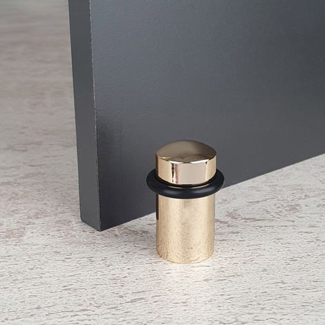 Ouvre&Déco – Butée de porte cylindrique rehaussée en laiton doré poli brillant – Anneau caoutchouc noir absorbant chocs – Pour espaces humides