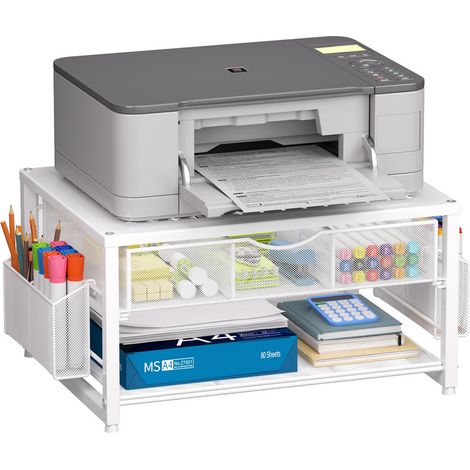 2-Tier Metal Printer Stand & Monitor Riser, Desk Organizer with Drawer and Pen Holders, Multi-Purpose Storage for Fax Machines, Scanners and Office Devices (1/5)