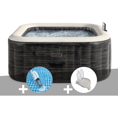 Kit spa gonflable Intex PureSpa Ardoise carré Bulles 4 places + Aspirateur + Porte-verre