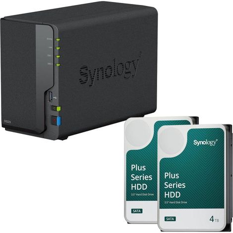 Carcasa de servidor NAS Synology DiskStation DS223 de 2 bahías + 2 discos duros Synology Plus SATA de 3,5" y 6 Gb/s de 4 TB