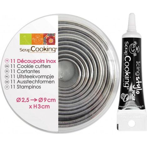 11 emporte-pièces ronds en inox + Stylo de glaçage noir