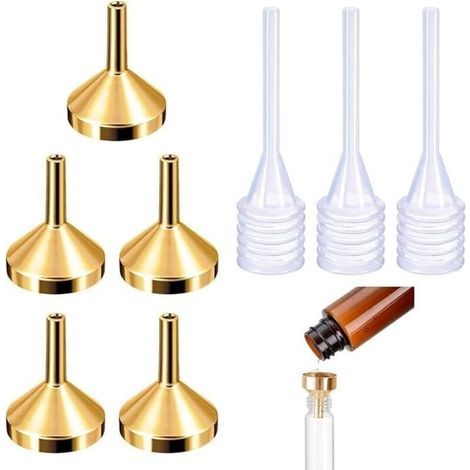 Juego de 5 pequeños embudos metálicos con 3 minipipetas, para llenar y dispensar líquidos para pequeñas muestras de perfume y emulsiones cosméticas. (1/5)