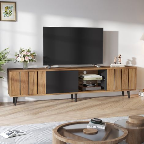 Meuble TV bas — Une console TV pour le salon disposant de trois compartiments de rangement — Un mobilier de salon minimaliste à la finition bois naturel, rehaussé de détails noirs — Adapté aux télévis